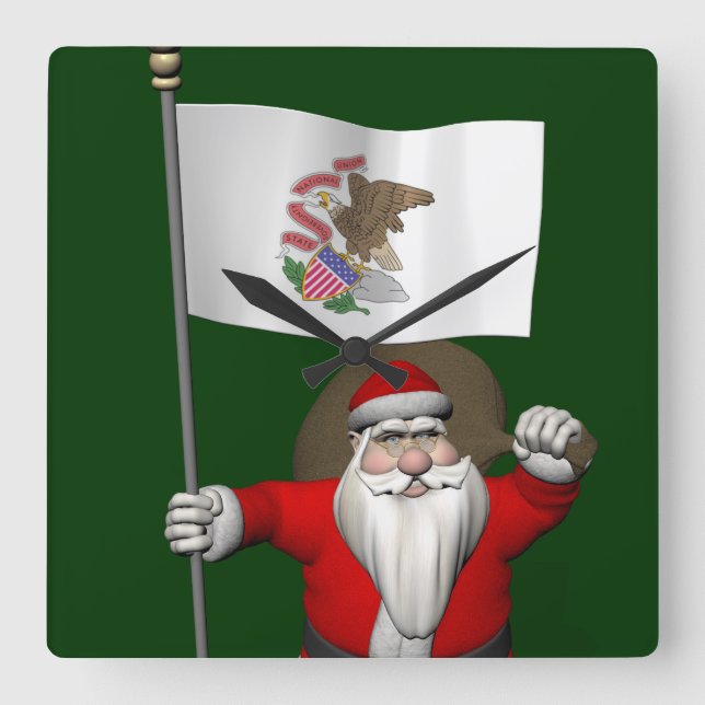 Santa Claus With Ensign Of Illinois Square Wall Clock (Front)