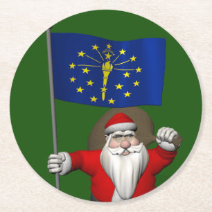 Santa Claus With Ensign Of Indiana Round Paper Coaster