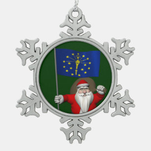 Santa Claus With Ensign Of Indiana Snowflake Pewter Christmas Ornament
