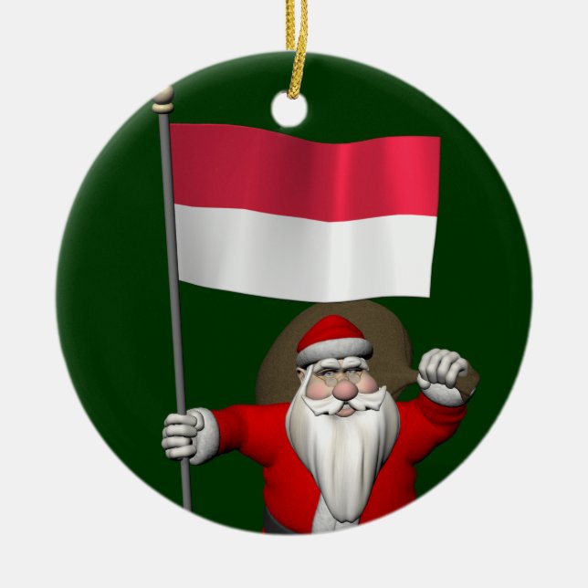 Santa Claus With Ensign Of Indonesia Ceramic Ornament (Front)