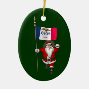Santa Claus With Ensign Of Iowa Ceramic Tree Decoration