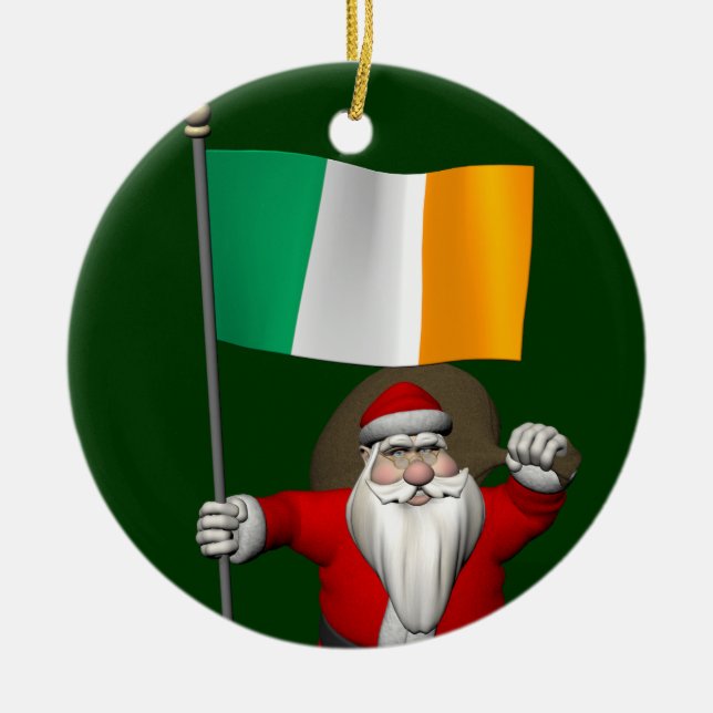 Santa Claus With Ensign Of Ireland Ceramic Ornament (Front)
