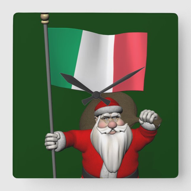 Santa Claus With Ensign Of Italy Square Wall Clock (Front)
