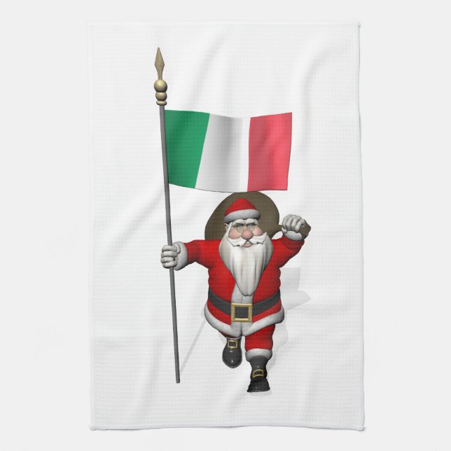 Santa Claus With Ensign Of Italy Tea Towel (Vertical)