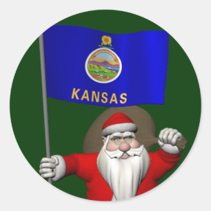 Santa Claus With Ensign Of Kansas Classic Round Sticker