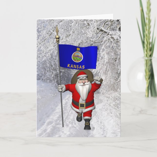 Santa Claus With Ensign Of Kansas Holiday Card (Front)