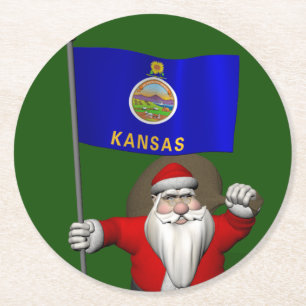 Santa Claus With Ensign Of Kansas Round Paper Coaster