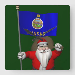Santa Claus With Ensign Of Kansas Square Wall Clock