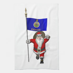 Santa Claus With Ensign Of Kansas Tea Towel