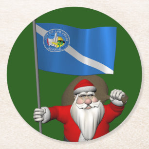 Santa Claus With Ensign Of Las Vegas Round Paper Coaster