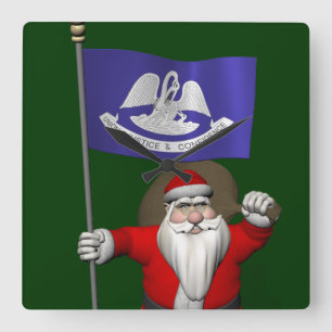 Santa Claus With Ensign Of Louisiana Square Wall Clock