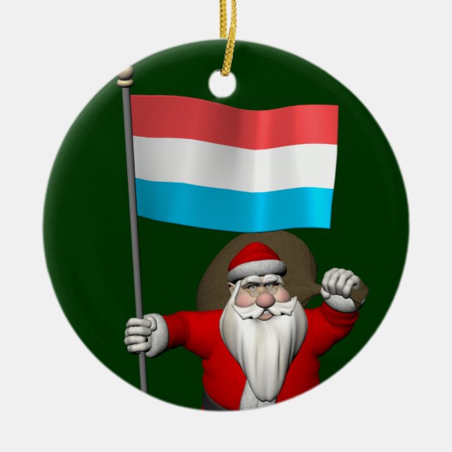 Santa Claus With Ensign Of Luxembourg Ceramic Tree Decoration (Front)