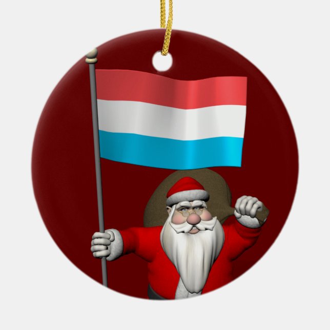 Santa Claus With Ensign Of Luxembourg Ceramic Tree Decoration (Front)