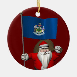 Santa Claus With Ensign Of Maine Ceramic Ornament