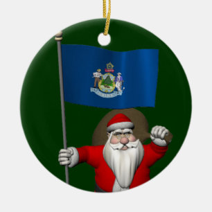 Santa Claus With Ensign Of Maine Ceramic Tree Decoration