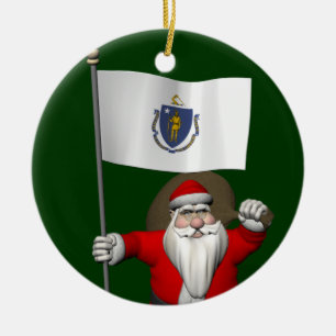 Santa Claus With Ensign Of Massachusetts Ceramic Tree Decoration