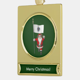 Santa Claus With Ensign Of Massachusetts Gold Plated Banner Ornament
