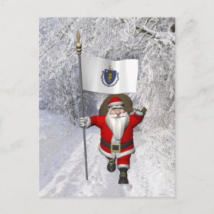 Santa Claus With Ensign Of Massachusetts Holiday Postcard