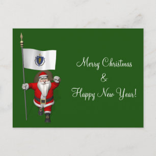 Santa Claus With Ensign Of Massachusetts Holiday Postcard