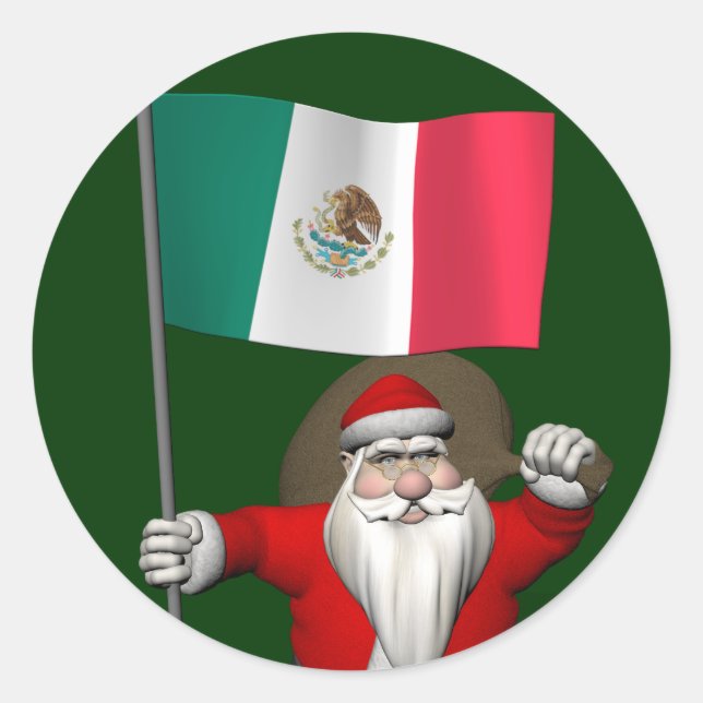 Santa Claus With Ensign Of Mexico Classic Round Sticker (Front)