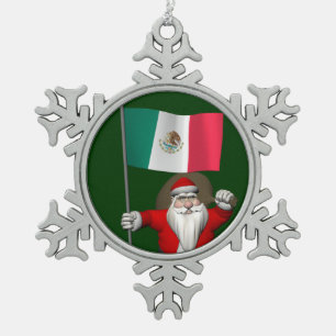 Santa Claus With Ensign Of Mexico Snowflake Pewter Christmas Ornament