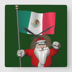 Santa Claus With Ensign Of Mexico Square Wall Clock