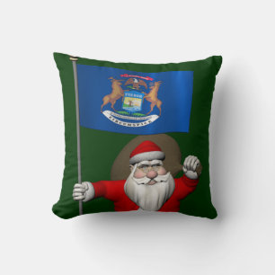 Santa Claus With Ensign Of Michigan Cushion