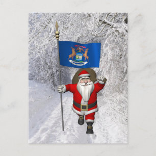 Santa Claus With Ensign Of Michigan Holiday Postcard