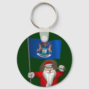 Santa Claus With Ensign Of Michigan Key Ring