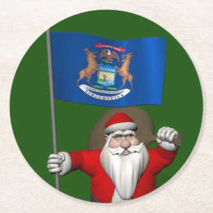 Santa Claus With Ensign Of Michigan Round Paper Coaster