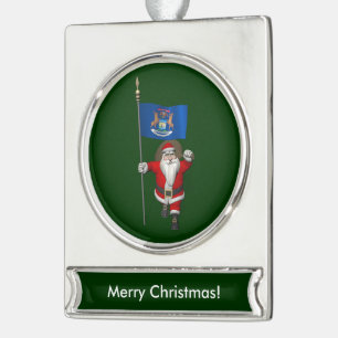 Santa Claus With Ensign Of Michigan Silver Plated Banner Ornament