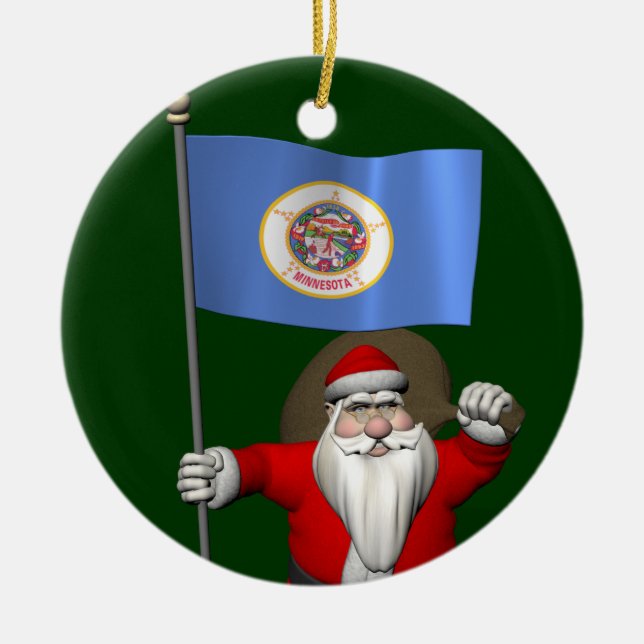 Santa Claus With Ensign Of Minnesota Ceramic Ornament (Front)