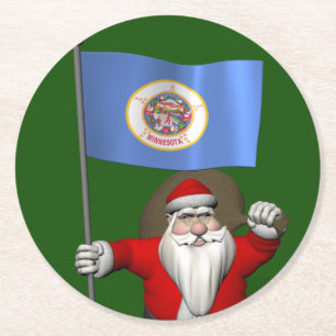 Santa Claus With Ensign Of Minnesota Round Paper Coaster
