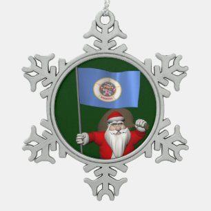 Santa Claus With Ensign Of Minnesota Snowflake Pewter Christmas Ornament