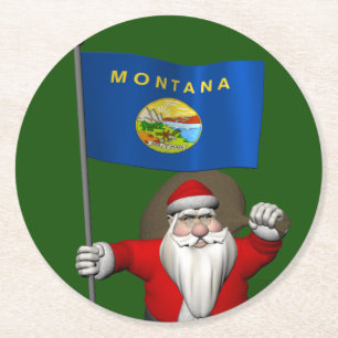 Santa Claus With Ensign Of Montana Round Paper Coaster