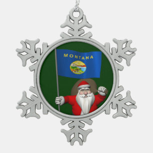 Santa Claus With Ensign Of Montana Snowflake Pewter Christmas Ornament
