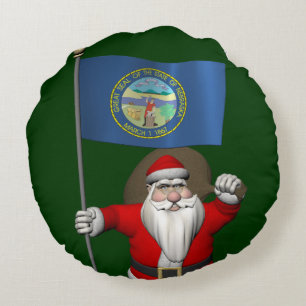 Santa Claus With Ensign Of Nebraska Round Cushion
