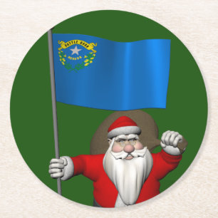 Santa Claus With Ensign Of Nevada Round Paper Coaster