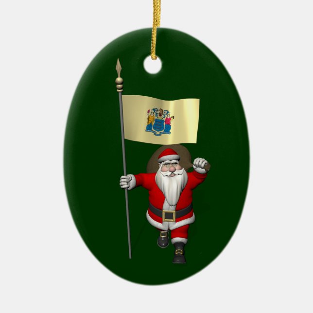 Santa Claus With Ensign Of New Jersey Ceramic Ornament (Front)