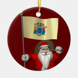 Santa Claus With Ensign Of New Jersey Ceramic Tree Decoration