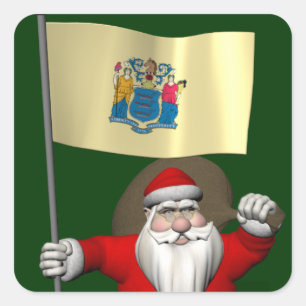 Santa Claus With Ensign Of New Jersey Square Sticker
