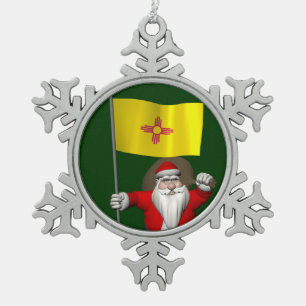 Santa Claus With Ensign Of New Mexico Snowflake Pewter Christmas Ornament