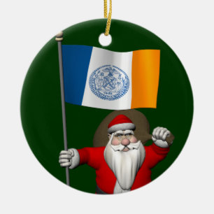 Santa Claus With Ensign Of New York City Ceramic Tree Decoration
