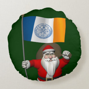 Santa Claus With Ensign Of New York City Round Cushion