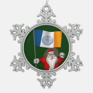Santa Claus With Ensign Of New York City Snowflake Pewter Christmas Ornament
