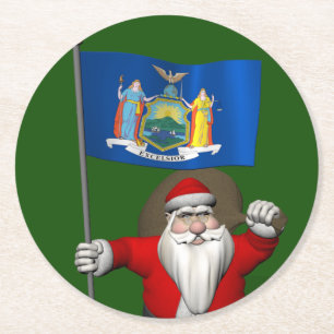 Santa Claus With Ensign Of New York US State Round Paper Coaster