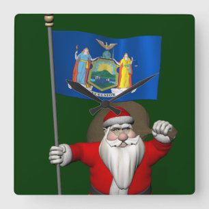 Santa Claus With Ensign Of New York US State Square Wall Clock