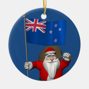 Santa Claus With Ensign Of New Zealand Ceramic Ornament
