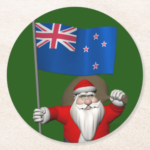 Santa Claus With Ensign Of New Zealand Round Paper Coaster