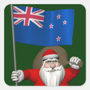 Santa Claus With Ensign Of New Zealand Square Sticker